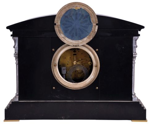 Ansonia Clock Co., New York, NY, "Georgia" mantel clock with a spring driven, 8 day, time and rack & snail strike movement with visible escapement in a cast metal and enameled iron case.