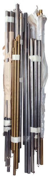 Clock parts- (1) One modern tall clock case in oak; (2) 8 day weight driven 5-tube chime tall clock movement by Jauch; (3) Electrically driven 5-tube chiming tall clock movement by Revere Clock Co. of Cincinnati, OH with Telechrone synchronous motor and dial; (4) 6 sets of tubular chimes: one set of four, one set of seven, and four sets of five; (5) three tall clock pendulums.