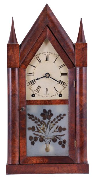 Brewster and Ingrahams, Bristol, Conn., 8 day, time and strike spring driven movement sharp gothic or steeple clock with brass springs.