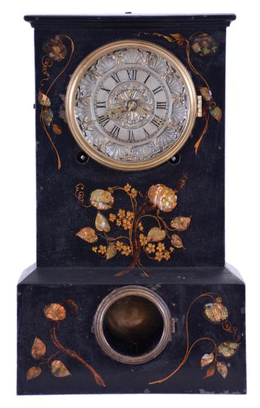 Ansonia Clock Co., New York, NY, 8 day, time and strike spring driven movement Iron case with MOP shelf clock.