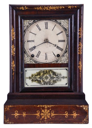 Terry & Andrews, Bristol, Conn., 8 day, time and strike spring driven movement shelf clock.