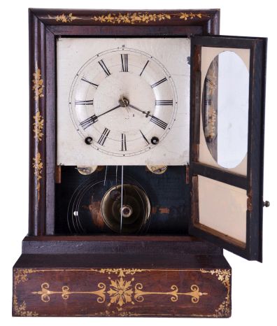 Terry & Andrews, Bristol, Conn., 8 day, time and strike spring driven movement shelf clock.