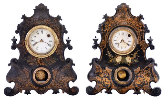 Clocks- 2 (Two): (1) Gilbert Mfg. Co., New York, shelf clock with a spring driven 30 hour timepiece movement in a cast iron case with gilt and painted design, c1860; (2) Unidentified shelf clock with a spring driven 30 hour timepiece movement in a cast iron case with gilt and painted design, c1860.