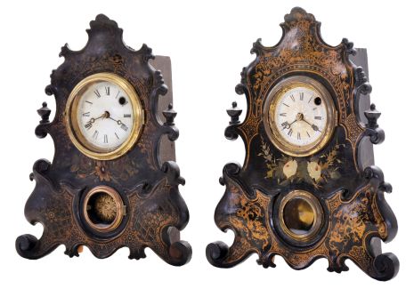 Clocks- 2 (Two): (1) Gilbert Mfg. Co., New York, shelf clock with a spring driven 30 hour timepiece movement in a cast iron case with gilt and painted design, c1860; (2) Unidentified shelf clock with a spring driven 30 hour timepiece movement in a cast iron case with gilt and painted design, c1860.