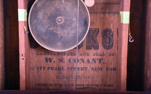 W.S. Conant, New York, New York, 30 hour, time and strike, weight driven brass movement OG 4-column shelf clock.