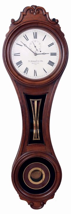 E. Howard & Co., Boston, Mass., "No. 6 Regulator", wall clock, 8 day, time only, weight driven movement in a walnut case with a painted metal dial and reverse painted throat and lower tablets