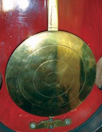 E. Howard & Co., Boston, Mass., "No. 6 Regulator", wall clock, 8 day, time only, weight driven movement in a walnut case with a painted metal dial and reverse painted throat and lower tablets