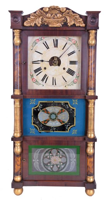 Birge, Peck & Co., Bristol, Conn., 8 day, time and strike, weight driven brass movement triple deck shelf clock.