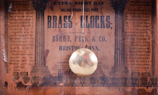 Birge, Peck & Co., Bristol, Conn., 8 day, time and strike, weight driven brass movement triple deck shelf clock.