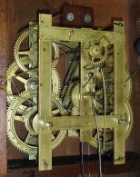 Birge, Peck & Co., Bristol, Conn., 8 day, time and strike, weight driven brass movement triple deck shelf clock.