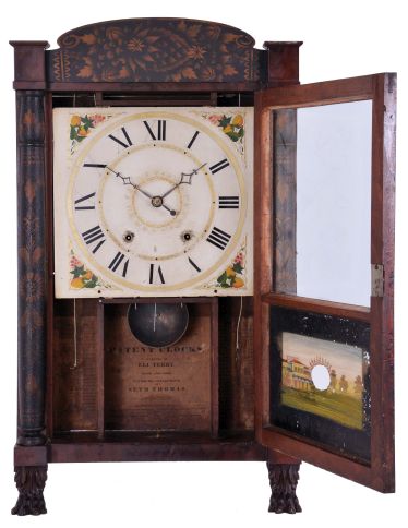 Seth Thomas, Plymouth, Conn., 30 hour, time and strike weight wood movement half column & splat shelf clock.