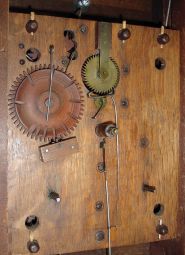 Seth Thomas, Plymouth, Conn., 30 hour, time and strike weight wood movement half column & splat shelf clock.