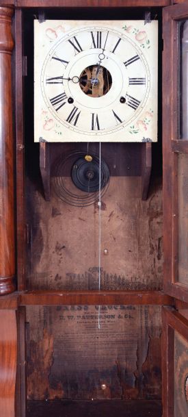 R. W. Patterson & Co., Toronto, Canada West, 8 day, time and strike, weight driven brass movement column & cornice shelf clock. This clock was made by Seth Thomas and sold by the Canadian retailer.
