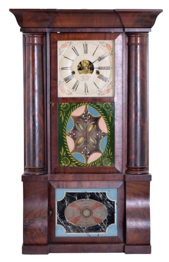 Forestville Manufacturing Co., (J. C. Brown), 8 day, time and strike, weight driven brass movement column & cornice shelf clock.