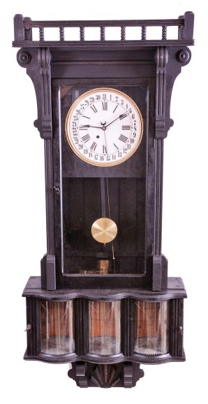Sidney Advertising Clock Co., Sidney Otsego County, New York, huge "Advertising", wall clock, 8 day, time and calendar, spring driven movement in a soft wood case with a papered metal dial and a separate movement for rotating advertising canisters every five minutes.