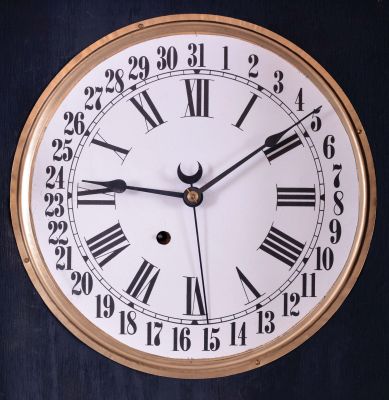 Sidney Advertising Clock Co., Sidney Otsego County, New York, huge "Advertising", wall clock, 8 day, time and calendar, spring driven movement in a soft wood case with a papered metal dial and a separate movement for rotating advertising canisters every five minutes.