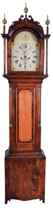 Tall case clock, New England, probably New Hampshire, flame birch case, trunk door with bird