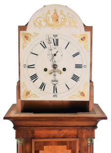 Tall case clock, New England, probably New Hampshire, flame birch case, trunk door with bird
