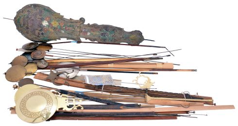 Assorted pendulums and pendulum components: approximately 12 (Twelve) complete pendulums including early English, American and Morbier tall clock pendulums. Components include pendulum sticks, rods and modern lyre type.