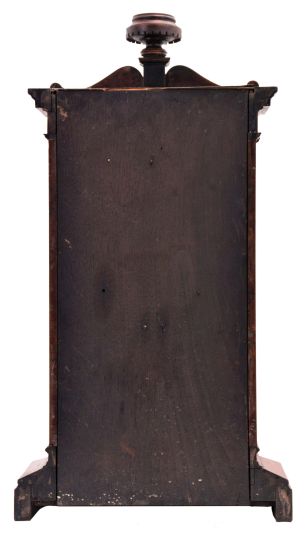 Seth Thomas Clock Co., Thomaston, Conn., "Greek" shelf clock with a spring driven, 8 day, time and strike, lyre movement in a walnut case.
