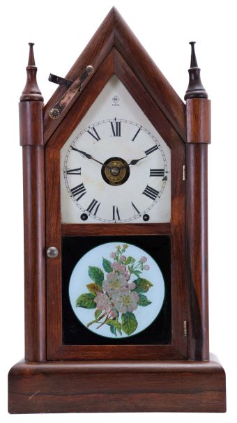 Seth Thomas Clock Co., Thomaston, Conn., "Sharp Gothic" shelf clock with a spring driven, 8 day time, strike and alarm movement with a Winward