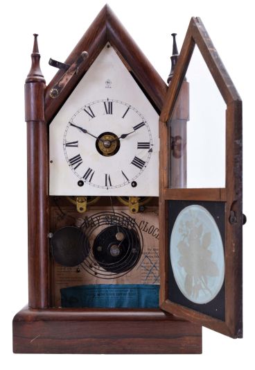 Seth Thomas Clock Co., Thomaston, Conn., "Sharp Gothic" shelf clock with a spring driven, 8 day time, strike and alarm movement with a Winward