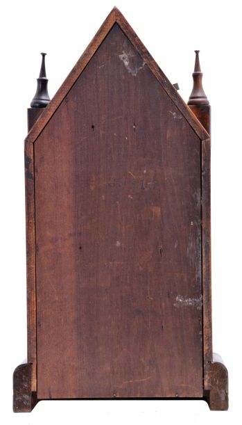 Seth Thomas Clock Co., Thomaston, Conn., "Sharp Gothic" shelf clock with a spring driven, 8 day time, strike and alarm movement with a Winward