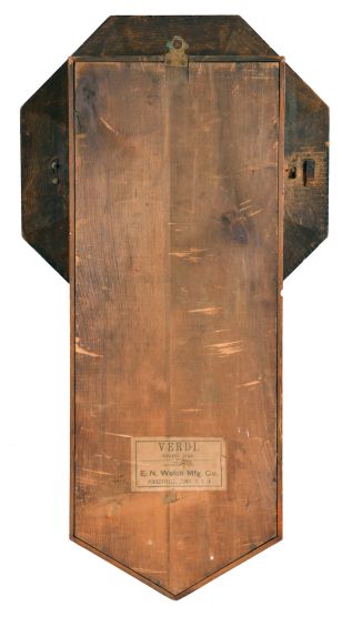 E. N. Welch Mfg. Co., Forestville, Conn., "Verdi" hanging clock with a spring driven, 8 day, time and strike movement is a rosewood veneered case.