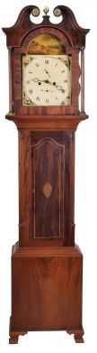 Scotland, unsigned tall clock, 8 day, time and bell strike, weight driven brass movement with painted metal dial in a mahogany inlaid oak case with broken arch top set with brass rosettes and finial, full columns flanking hood door and reeded quarter columns flanking trunk door, the door inlaid with bird, and on ogee bracket feet