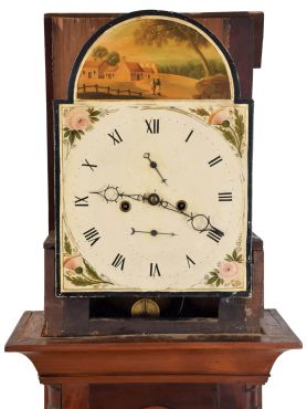 Scotland, unsigned tall clock, 8 day, time and bell strike, weight driven brass movement with painted metal dial in a mahogany inlaid oak case with broken arch top set with brass rosettes and finial, full columns flanking hood door and reeded quarter columns flanking trunk door, the door inlaid with bird, and on ogee bracket feet