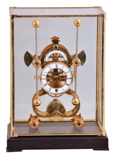 Asian brass reproduction of Harrison H1 marine clock, grasshopper escapement, 8 days, time only, with fusee, porcelain chapter ring, stained wood base, glass and brass cover; late 20th century
