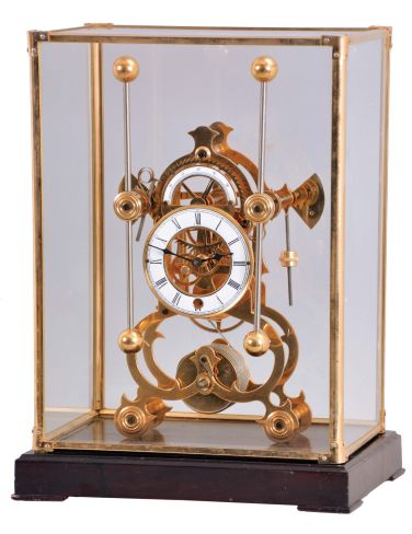 Asian brass reproduction of Harrison H1 marine clock, grasshopper escapement, 8 days, time only, with fusee, porcelain chapter ring, stained wood base, glass and brass cover; late 20th century
