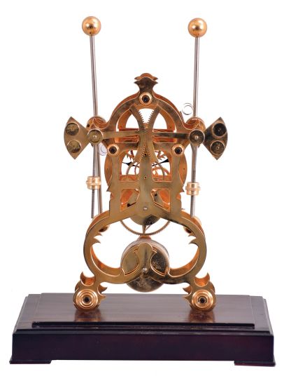 Asian brass reproduction of Harrison H1 marine clock, grasshopper escapement, 8 days, time only, with fusee, porcelain chapter ring, stained wood base, glass and brass cover; late 20th century