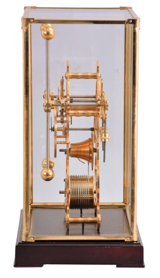 Asian brass reproduction of Harrison H1 marine clock, grasshopper escapement, 8 days, time only, with fusee, porcelain chapter ring, stained wood base, glass and brass cover; late 20th century