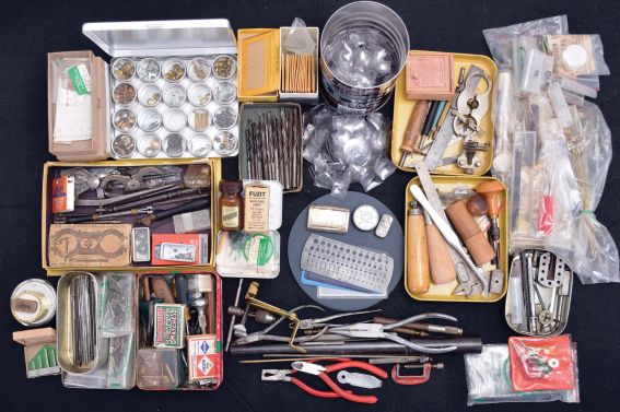 Lot of watch and clock makers tools and material