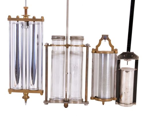 Regulator pendulums, the first with two steel jars, to beat seconds, steel rod, brass frame and regulating nut, the next also a seconds pendulum, glass jars with metal caps and steel rod, the third sans rod, glass jar with brass frame and blued indicator, and the last chrome plated with flat steel rod, 24" long, together with approximately 12 pounds of mercury