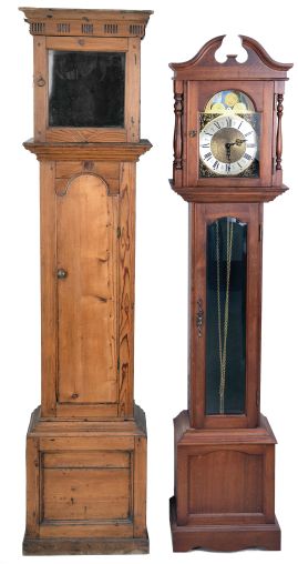 Tall clock, 8 day, time, strike and chime with modern German movement in walnut case, circa late 20th century including a tall clock pine case (only) circa 18th century