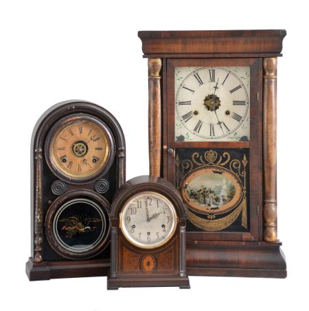 Clocks- 3 (Three): (1) Seth Thomas Clock Co., Thomaston, Conn., "Chime Clock No. 96", 8 day, time and strike Westminster chime spring driven movement mantel clock, c1913; (2) Daniel Pratt & Sons, Reading, Mass., 8 day, time and strike spring driven movement round top shelf clock, c1870; (3) American, 30 hour, time and strike, weight driven brass movement column shelf clock, c1860