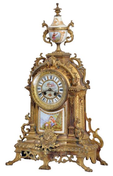 French, Japy Freres, 8 day, time and strike spring driven movement mantel clock with polychrome porcelain finial, dial and central panel
