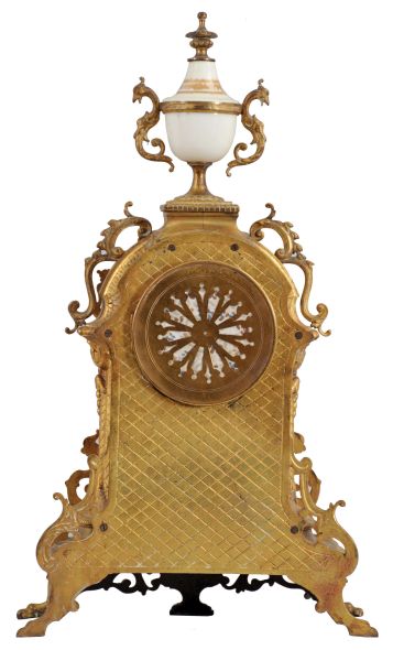 French, Japy Freres, 8 day, time and strike spring driven movement mantel clock with polychrome porcelain finial, dial and central panel