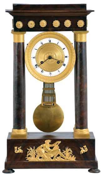 France, portico clock, mahogany veneered oak case with gilt mounts, Roman numeral white enamel dial with gilt bezel and engine turned center, blued steel Breguet style hands, 8 day pendule de Paris movement with regulator style gridiron pendulum