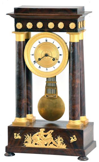 France, portico clock, mahogany veneered oak case with gilt mounts, Roman numeral white enamel dial with gilt bezel and engine turned center, blued steel Breguet style hands, 8 day pendule de Paris movement with regulator style gridiron pendulum