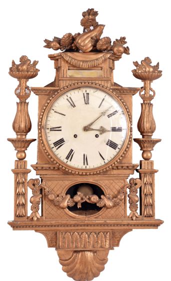 Sweden, a large, carved and gilt cartel clock, the case decorated with classically inspired ornament, Roman numeral white painted dial with cast brass bezel, ornate pierced and chased hands, spring powered, 8 day, time and strike movement with silk thread suspension