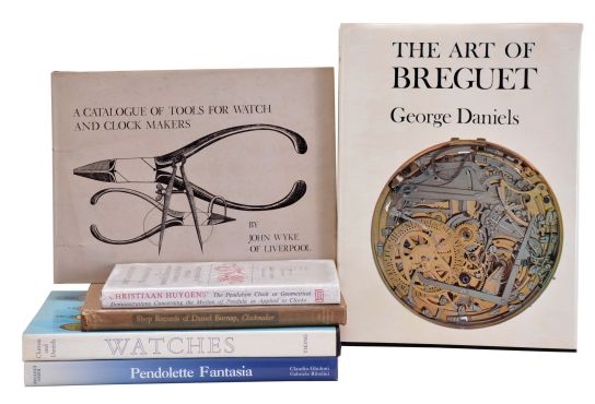 Books- 6 (Six) References on Clocks and Watches: Titles and authors include: "A Catalogue of Tools for Watch and Clock Makers" by John Wyke; "Shop Records of Daniel Burnap, Clockmaker" by Penrose Hoopes; "Watches" by Cecil Clutton and George Daniels (1975) ; "The Art of Breguet" by George Daniels; "Christiaan Huygens