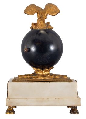 French mantel clock, 8 day, time only spring driven movement balance wheel movement on a white marble base with gilt metal ornaments, patinated spherical body with applied roman numerals, hands in the form of a snake, surmounted by a gilt cast metal eagle with outstretched wings. Diminutive round movement is stamped "FRENCH MAKE".