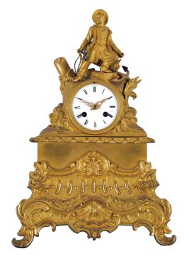 French figural, 8 day, time and strike mantel clock, count wheel and bell, spring driven movement with silk thread suspension in a gilt brass and spelter case depicting a sailor figure.