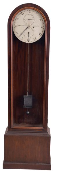 James Ritchie & Son, Edinburgh, master regulator with astronomical dial, mahogany case with arch top, glazed door and molded base, Arabic numeral, white painted sheet iron dial, the hour hand rotating once in 24 hours, 8 day, spring powered brass movement with heavy, trapezoidal plates and pinwheel escapement, the escape wheel arbor with electrical contact, closing a circuit once every 60 seconds, pendulum with wooden rod, coil, and large, spherical rating nut, and suspended from a heavy cast iron bracket