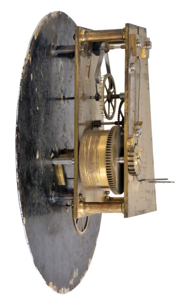 James Ritchie & Son, Edinburgh, master regulator with astronomical dial, mahogany case with arch top, glazed door and molded base, Arabic numeral, white painted sheet iron dial, the hour hand rotating once in 24 hours, 8 day, spring powered brass movement with heavy, trapezoidal plates and pinwheel escapement, the escape wheel arbor with electrical contact, closing a circuit once every 60 seconds, pendulum with wooden rod, coil, and large, spherical rating nut, and suspended from a heavy cast iron bracket