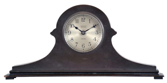 Chelsea Clock Co., Boston, Mass., miniature tambour clock, patinated bronze case, 3" Arabic numeral silvered dial, marked "Gorham Co. New York", blued steel hands, 8 day timepiece movement with lever escapement, serial #176351