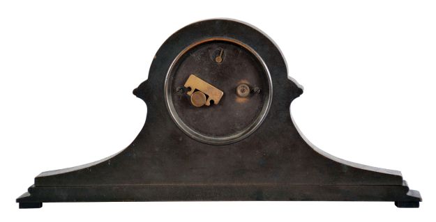 Chelsea Clock Co., Boston, Mass., miniature tambour clock, patinated bronze case, 3" Arabic numeral silvered dial, marked "Gorham Co. New York", blued steel hands, 8 day timepiece movement with lever escapement, serial #176351